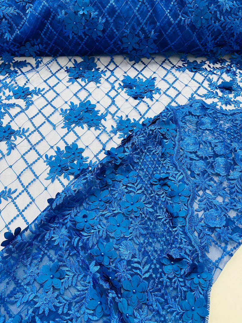 3D Triangle Floral Pearl Fabric - Royal Blue - 3D Embroidered Floral Design on Lace Mesh By Yard
