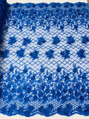 3D Triangle Floral Pearl Fabric - Royal Blue - 3D Embroidered Floral Design on Lace Mesh By Yard