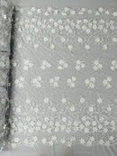 3D Triangle Floral Pearl Fabric - White - 3D Embroidered Floral Design on Lace Mesh By Yard