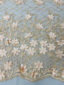 3D Triangle Floral Pearl Fabric - Peach - 3D Embroidered Floral Design on Lace Mesh By Yard