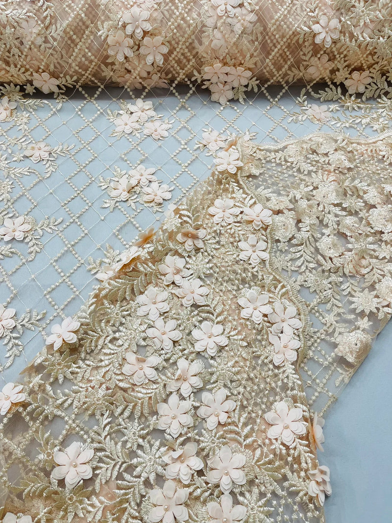 3D Triangle Floral Pearl Fabric - Peach - 3D Embroidered Floral Design on Lace Mesh By Yard