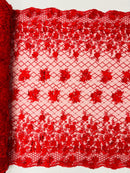 3D Triangle Floral Pearl Fabric - Red - 3D Embroidered Floral Design on Lace Mesh By Yard