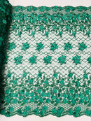 3D Triangle Floral Pearl Fabric - Hunter Green - 3D Embroidered Floral Design on Lace Mesh By Yard