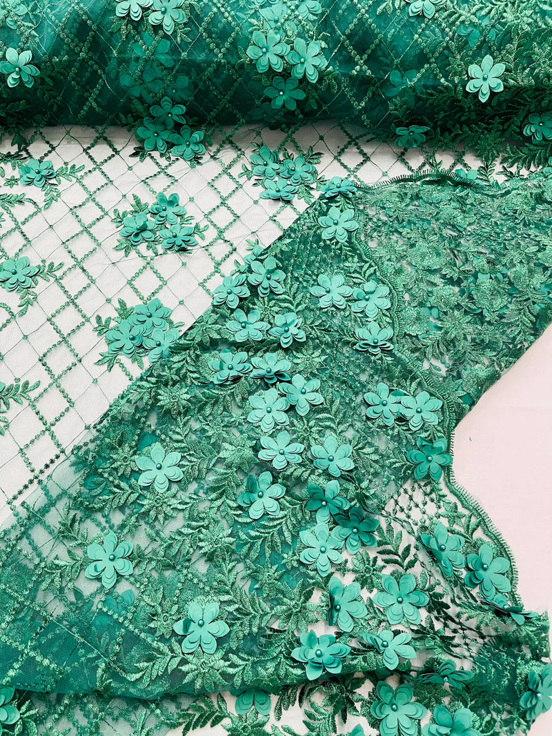 3D Triangle Floral Pearl Fabric - Hunter Green - 3D Embroidered Floral Design on Lace Mesh By Yard