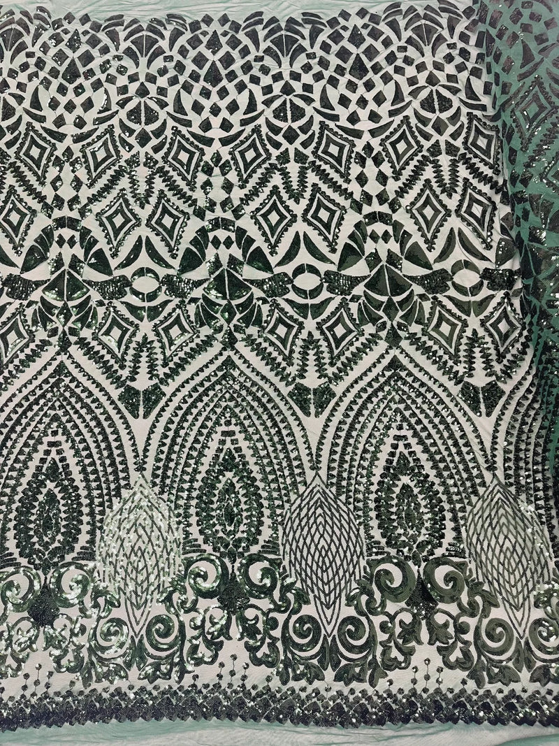 Geometric Design Fabric - Hunter Green - 4 Way Stretch Embroidered Design Sequins Fabric By Yard