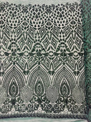 Geometric Design Fabric - Hunter Green - 4 Way Stretch Embroidered Design Sequins Fabric By Yard