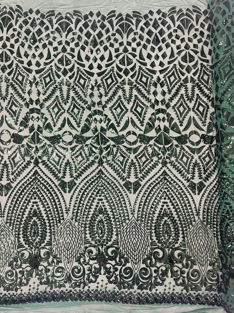 Geometric Design Fabric - Hunter Green - 4 Way Stretch Embroidered Design Sequins Fabric By Yard