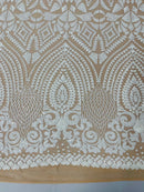 Geometric Design Fabric - White on Nude - 4 Way Stretch Embroidered Design Sequins Fabric By Yard