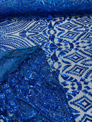 Geometric Design Fabric - Royal Blue - 4 Way Stretch Embroidered Design Sequins Fabric By Yard