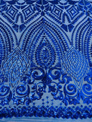 Geometric Design Fabric - Royal Blue - 4 Way Stretch Embroidered Design Sequins Fabric By Yard