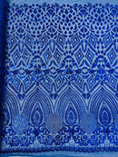 Geometric Design Fabric - Royal Blue - 4 Way Stretch Embroidered Design Sequins Fabric By Yard