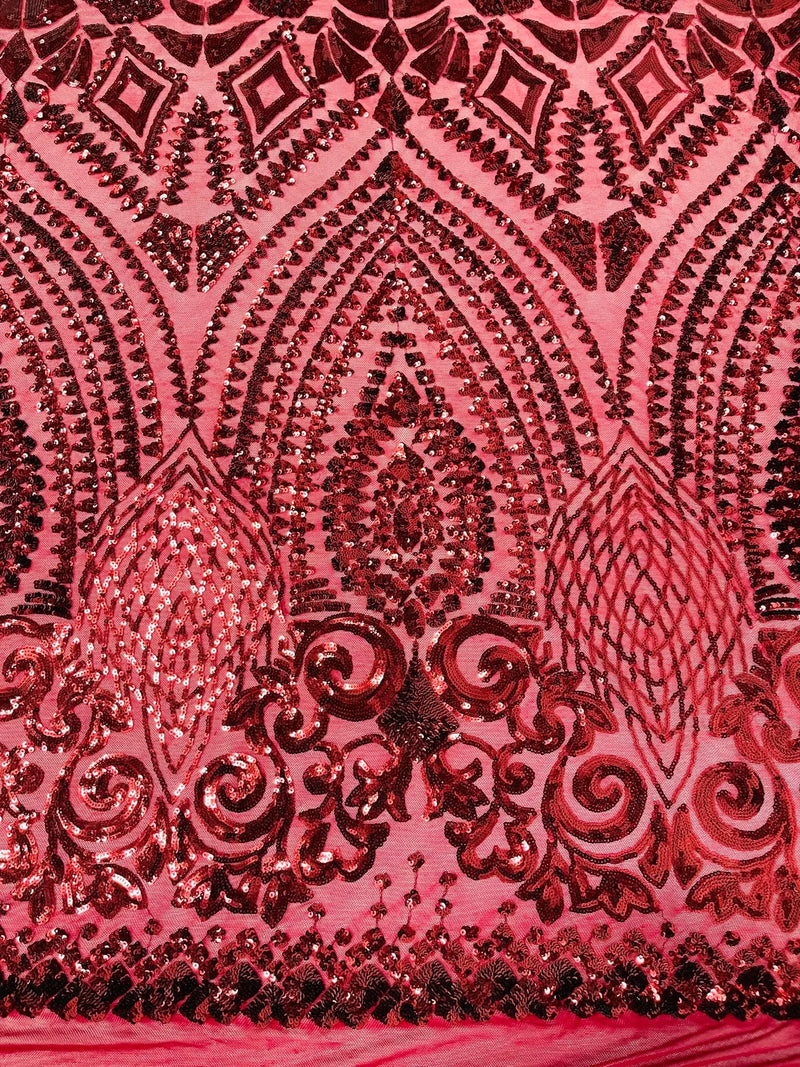 Geometric Design Fabric - Burgundy- 4 Way Stretch Embroidered Design Sequins Fabric By Yard