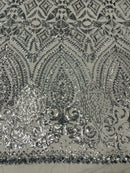 Geometric Design Fabric - Silver - 4 Way Stretch Embroidered Design Sequins Fabric By Yard