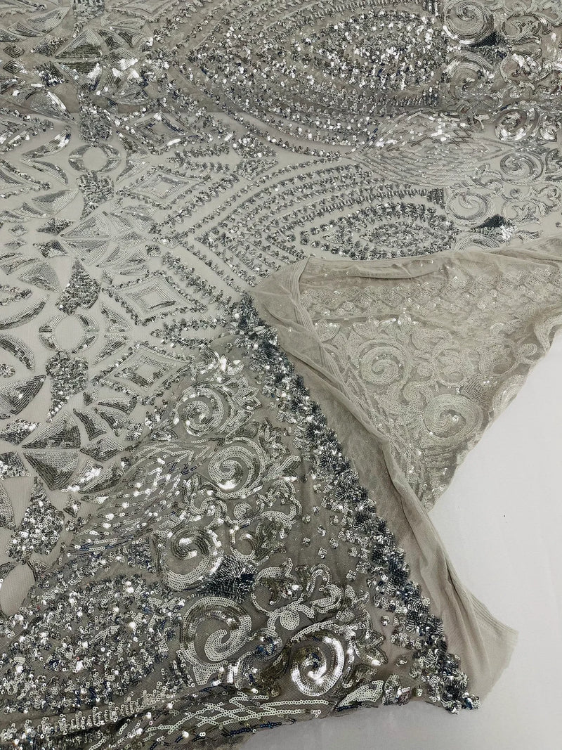 Geometric Design Fabric - Silver - 4 Way Stretch Embroidered Design Sequins Fabric By Yard