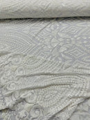 Geometric Design Fabric - White - 4 Way Stretch Embroidered Design Sequins Fabric By Yard