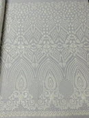 Geometric Design Fabric - White - 4 Way Stretch Embroidered Design Sequins Fabric By Yard