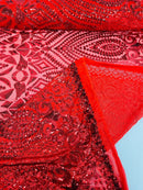 Geometric Design Fabric - Red - 4 Way Stretch Embroidered Design Sequins Fabric By Yard