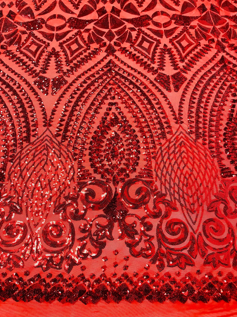 Geometric Design Fabric - Red - 4 Way Stretch Embroidered Design Sequins Fabric By Yard