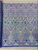 Geometric Design Fabric - Lavender - 4 Way Stretch Embroidered Design Sequins Fabric By Yard