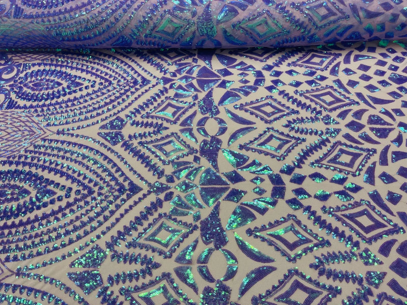 Geometric Design Fabric - Lavender - 4 Way Stretch Embroidered Design Sequins Fabric By Yard