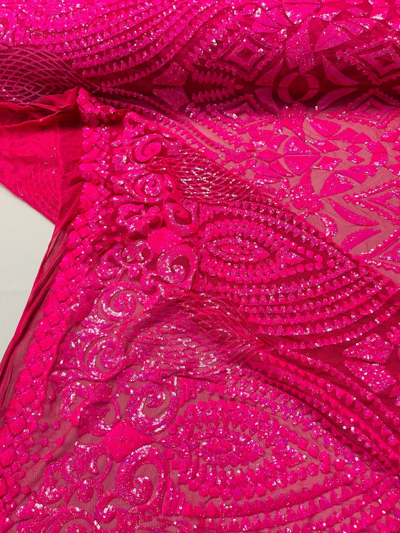Geometric Design Fabric - Hot Pink - 4 Way Stretch Embroidered Design Sequins Fabric By Yard