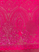 Geometric Design Fabric - Hot Pink - 4 Way Stretch Embroidered Design Sequins Fabric By Yard