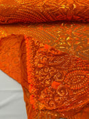 Geometric Design Fabric - Orange - 4 Way Stretch Embroidered Design Sequins Fabric By Yard