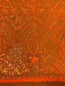 Geometric Design Fabric - Orange - 4 Way Stretch Embroidered Design Sequins Fabric By Yard