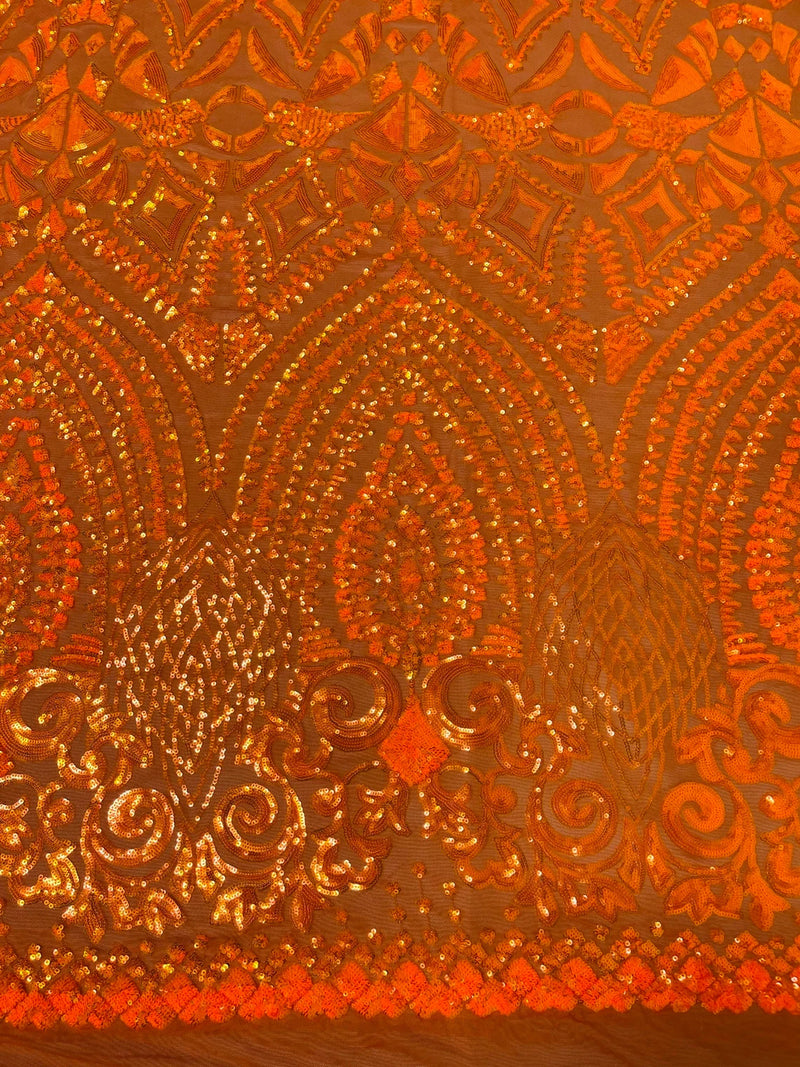 Geometric Design Fabric - Orange - 4 Way Stretch Embroidered Design Sequins Fabric By Yard