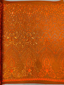 Geometric Design Fabric - Orange - 4 Way Stretch Embroidered Design Sequins Fabric By Yard