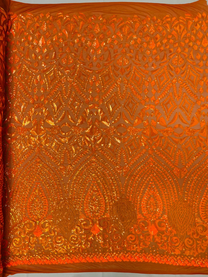 Geometric Design Fabric - Orange - 4 Way Stretch Embroidered Design Sequins Fabric By Yard