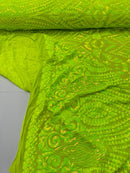 Geometric Design Fabric - Lime Green - 4 Way Stretch Embroidered Design Sequins Fabric By Yard