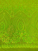 Geometric Design Fabric - Lime Green - 4 Way Stretch Embroidered Design Sequins Fabric By Yard
