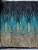 Three Tone Feather Fabric - Black/Turquoise/Silver - 4 Way Stretch Embroidered Sequins By Yard