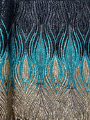 Three Tone Feather Fabric - Black/Turquoise/Silver - 4 Way Stretch Embroidered Sequins By Yard