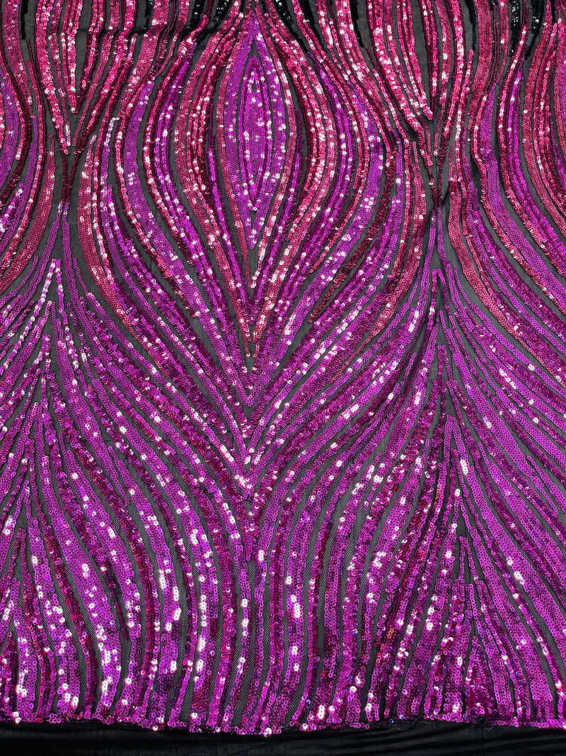 Three Tone Feather Fabric - Magenta/Black - 4 Way Stretch Embroidered Sequins By Yard