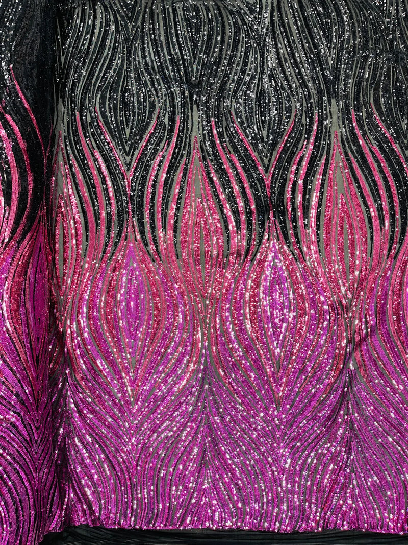 Three Tone Feather Fabric - Magenta/Black - 4 Way Stretch Embroidered Sequins By Yard