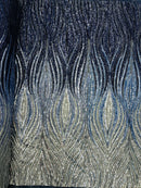 Three Tone Feather Fabric - Black/Silver/Blue - 4 Way Stretch Embroidered Sequins By Yard
