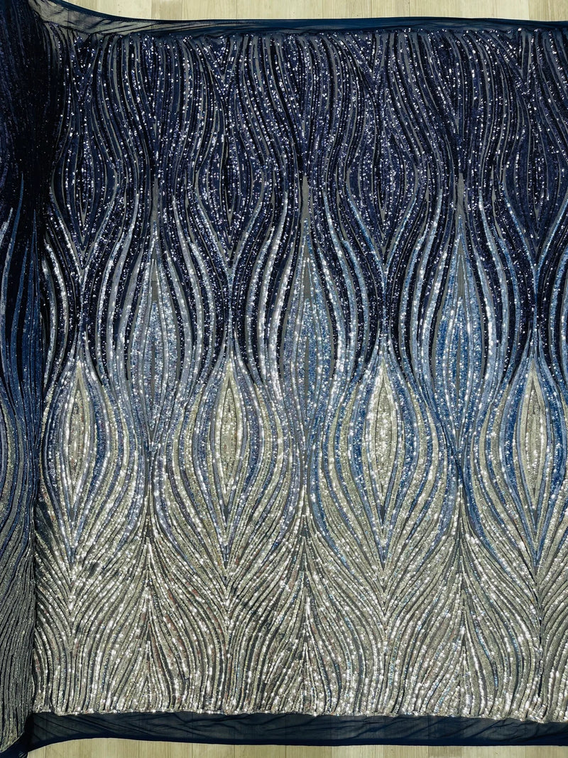 Three Tone Feather Fabric - Black/Silver/Blue - 4 Way Stretch Embroidered Sequins By Yard