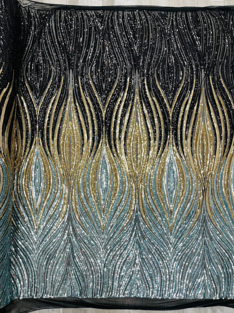 Three Tone Feather Fabric - Black/Gold/Silver - 4 Way Stretch Embroidered Sequins By Yard