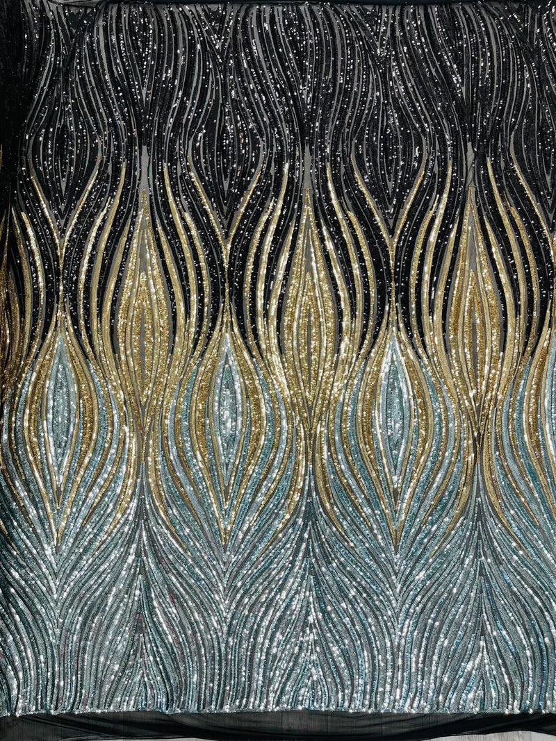 Three Tone Feather Fabric - Black/Gold/Silver - 4 Way Stretch Embroidered Sequins By Yard