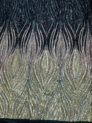 Three Tone Feather Fabric - Black/Rose/Light Gold - 4 Way Stretch Embroidered Sequins By Yard