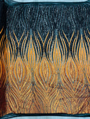 Three Tone Feather Fabric - Navy/Yellow/Gold - 4 Way Stretch Embroidered Sequins By Yard