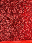 Sequins Fabric - Red - Geometric Pattern Design 4 Way Stretch Sold By Yard