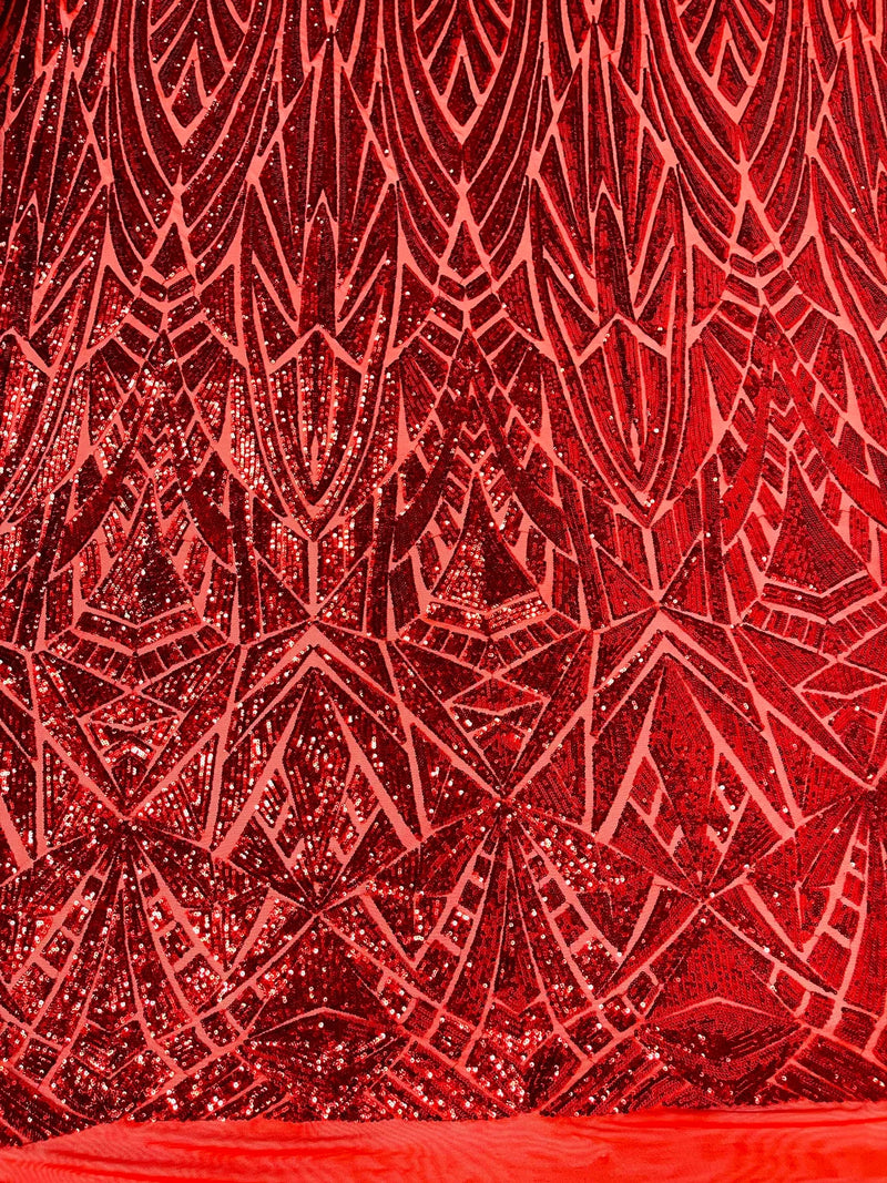 Sequins Fabric - Red - Geometric Pattern Design 4 Way Stretch Sold By Yard