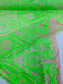 Damask Sequins - Neon Green on Nude - Damask Sequin Design on 4 Way Stretch Fabric By Yard