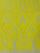 Damask Sequins - Yellow - Damask Sequin Design on 4 Way Stretch Fabric By Yard