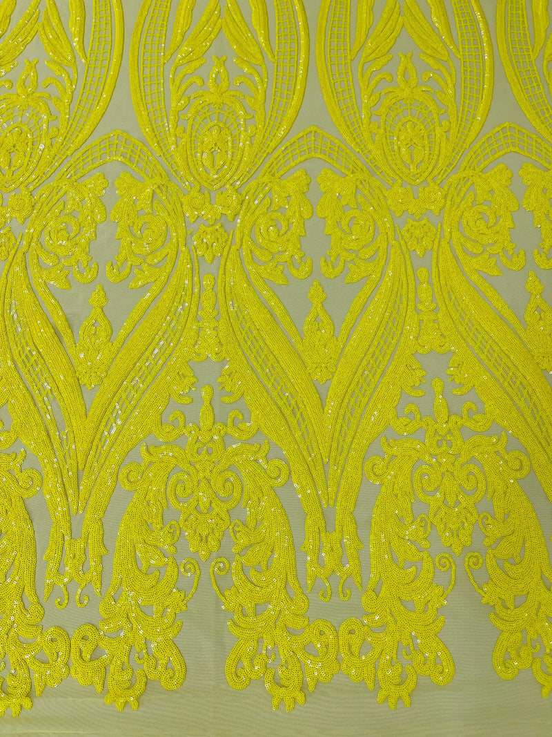 Damask Sequins - Yellow - Damask Sequin Design on 4 Way Stretch Fabric By Yard