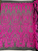 Damask Sequins - Hot Pink on Black - Damask Sequin Design on 4 Way Stretch Fabric By Yard
