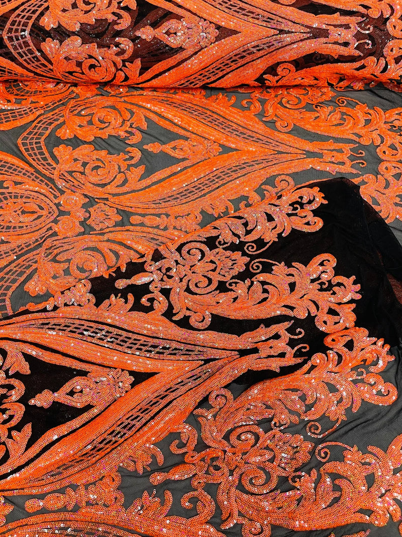 Damask Sequins - Orange on Black - Damask Sequin Design on 4 Way Stretch Fabric By Yard